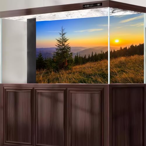 Sunrise Mountains Aquarium Background Fantastic Autumn Foggy Mountains Pine Trees Fish Tank Background Majestic Fall Morning Mountain Slope Meadow Scene Terrarium Reptile Tank Backgrounds 24x12in - color: Orange_Brown, size: 24(W)x12(H)in