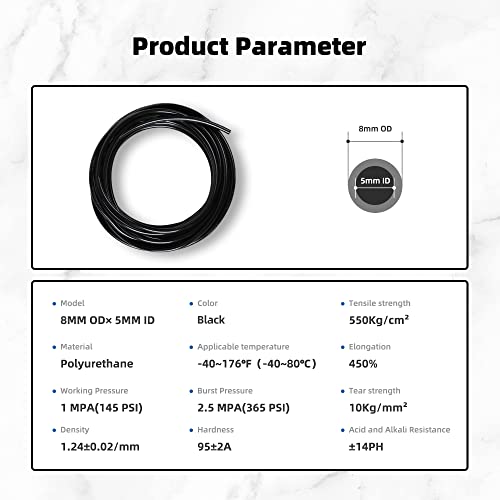 Pneumatic Tubing Black PU Air hose Pipe Tube Kit 5/16 inch or 8mm OD 5mm ID 39.4ft/12 Meter for Air Line or Fluid Transfer - color: Black, size: 8mm OD / 5mm ID × 12m