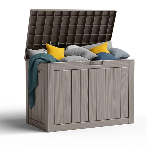 PatioZen 45 Gallon Resin Deck Box, Lockable Patio Outdoor Storage Box for Furniture, Garden Tools and Tools Storage, Waterproof Outside Storage Boxes - Grey - color: Grey, size: 45 Gallon