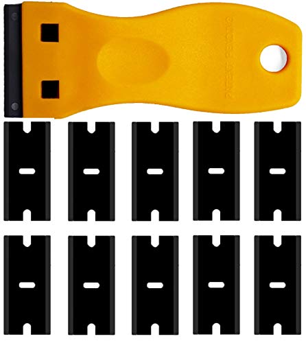 Double Edged Plastic Razor Blade Scrapers Knife with Contoured Grip for Scraping Labels and Decals Sticker From Glass, Windshields and Auto Window Tint Vinyl Tool Application(Yellow Scraper+10 Blades) - color: Yellow Scraper+10 Blades