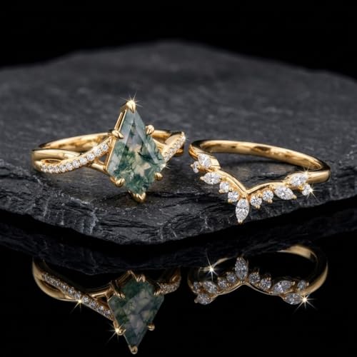 Natural Moss Agate Engagement Ring Set for Women, Unique Genuine Moss Agate Ring, 925 Sterling Silver 10K 14K 18K Solid Gold Nature Inspired Bridal Set, Boho Wedding Jewelry Gift - color: Six