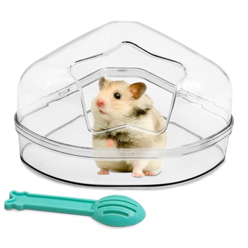 PINVNBY Large Hamster Sand Bath Container Chinchilla Dust Bathroom Small Animal Bathtub Transparent Gerbil Litter Box with Spoon for Dwarf & Syrian Mice Lemming (Star-Shaped Opening)