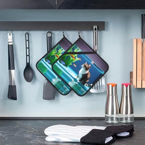 Cat in Aquarium Square Insulated Pot Mats Set of 2 Anti-Scald Heat Insulation BBQ & Microwave Use, Perfect for Home Chefs