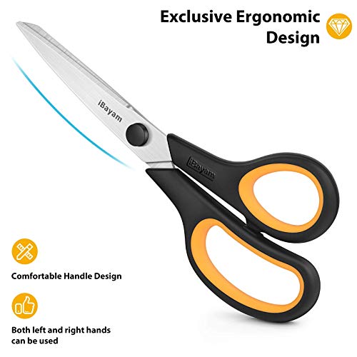 Scissors All Purpose, iBayam 8" Heavy Duty Scissors Bulk 3-Pack, 2.5mm Thickness Ultra Sharp Blade Shears with Comfort-Grip Handles for Office Home School Sewing Fabric Craft Supplies, Right/Left Hand - color: Yellow, Grey, Blue, size: 3-Pack
