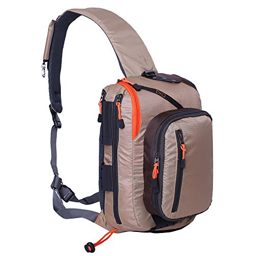 Kylebooker Fly Fishing Sling Pack Lightweight Fishing Tackle Storage Shoulder Bag Multiple Pockets for Trout Freshwater Saltwater Fishing - color: Khaki