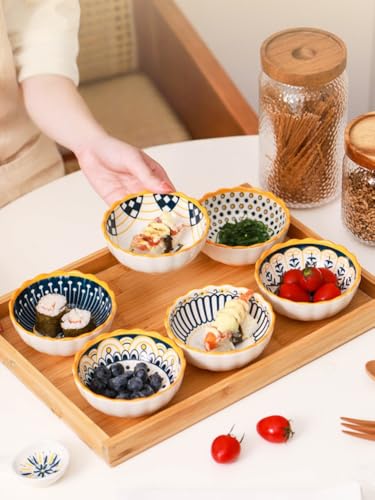6 Pack 6 oz Cute Moroccan Soy Sauce Dish Small Dipping Sauce Bowls Ceramic Sushi Dipping Bowls for Sushi,Side Dish,Ketchup,Dips,Condiment,Snack,BBQ Party - color: Yellow