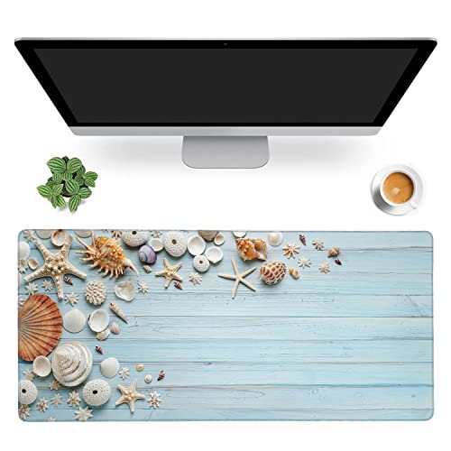 Shells on Blue Wood Large Mouse Pad Extended Gaming Mouse Pad Waterproof Desk Mat with Stitched Edge,Non Slip Base Keyboard Mouse pad for Home Office 35.4" X 15.7" - color: Shells on Blue Wood