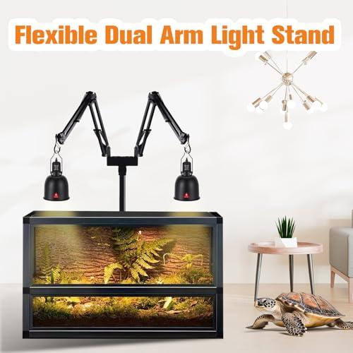 Dual Reptile Lamp Stand Reptile Light Stand with Two Flexible Brackets, Height Adjustable (15.7 inch to 74.3 inch) for Hanging Heat Lamp Holder and Light Fixture