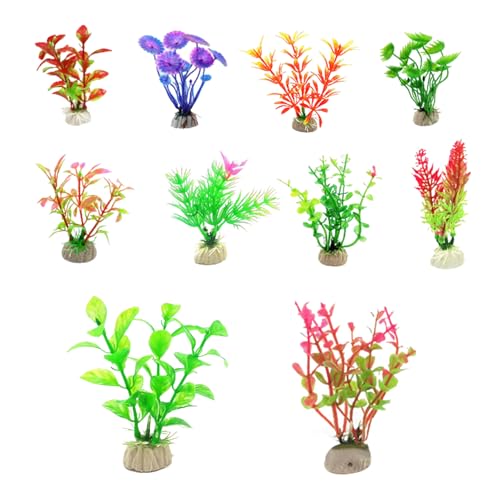 10Pcs Aquarium Artificial Plastic Plants, Colorful Fake Fish Tank Decorations with Ceramic Base, Realistic Aquarium Plants Suitable for Aquarium Landscape and Fish Hideout (Multi-Color) - color: Multi-color