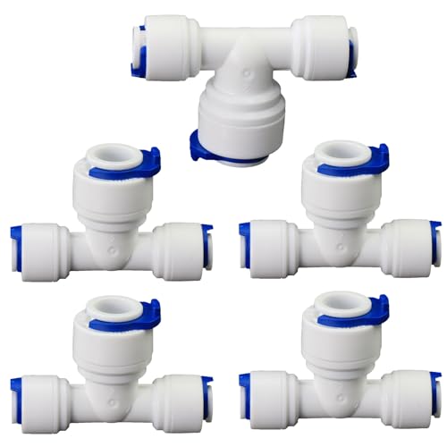 1/4" x 3/8" x 1/4" Push-Fit Tee for RO System, 5 Pcs | T-shaped quick push plastic tee connects 1/4" to 3/8" to 1/4" for reverse osmosis RODI water filters & purification. - style: 1/4 turn 3/8 turn 1/4 quick connect tee