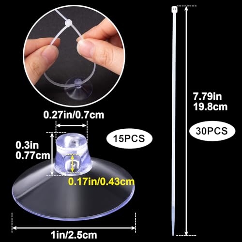 15 Pcs Aquarium Suction Cups with 30pcs Zip Ties, Suction Cup for Fish Tank Plants Binding Moss Shrimp Nest Landscape Fixation, Utility Sucker Pad Without Hooks for Kitchen Hanging Organization