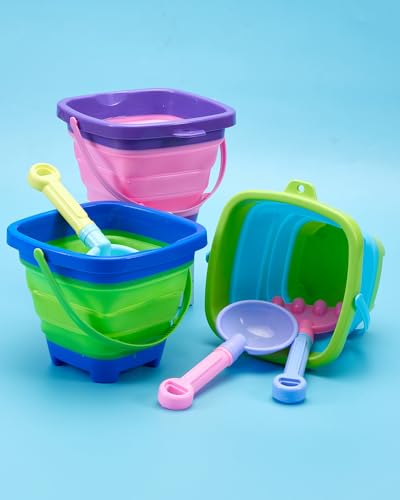 Unistylar Beach Toys, Sand Beach Toys for Toddlers with 3 Collapsible Foldable Sand Bucket and Shovels, Mesh Bag, Castle Animal Molds Sets, Travel Sandbox for Kids Age 3-10 - style: 3 Beach Buckets Set
