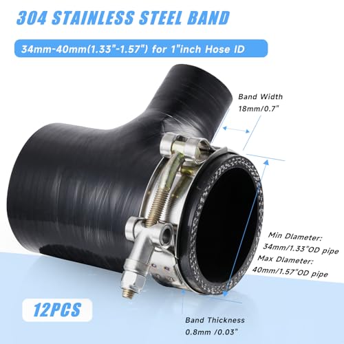 12Pack 1" T Bolt Hose Clamps - 304 Stainless Steel Turbo Intake Clamp for Turbo Tubes, Intercooler Pipes, Heavy Duty Radiator Hose Clamps Adjustable Range 34mm-40mm for 1" Hose ID - size: 1.33 - 1.57 inches, style: 12pcs t bolt hose clamp
