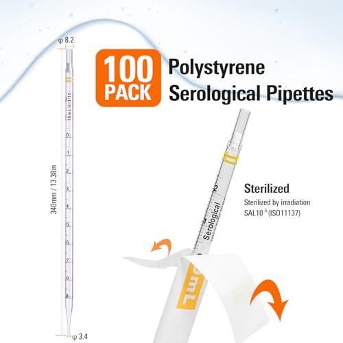 PEKYBIO Polystyrene Serological Pipettes Individually Wrapped Sterile Plastic Graduated Pipette 10ml, Pack of 100 - size: 10ML