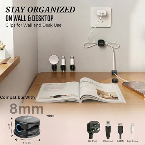 8 Pack Spring Cord Holder Clips [360° Rotatable, 1-Hand Use] — Adhesive Cable Clips for Nightstand, Desk, Wall & Kitchen | Phone Charger Cord Holder | No-Residue | Fits 2.5–8mm Cables - color: Black, size: Pack 8