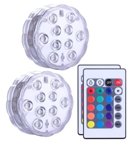 Qoolife Submersible LED Lights Remote Control, RGB Multi Color Changing Waterproof Light for Pool, Vase Base, Spa, Aquarium, Pond, Hot Tub, Decoration, Party, 2-Pack - size: 2 Pack