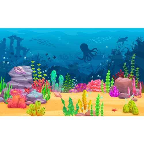 Cartoon Underwater Landscape Aquarium Background Sea Water Animals Ocean Coral Reef Game Level Terrarium Background Blue Waves with Fish Octopus Sea Turtle Ocean Theme Fish Tank Backdrop 24x12in - color: Sea Dark Blue, size: 24(W)x12(H)in