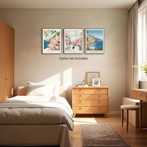 XLARTMY Italy Amalfi Coast Travel Posters Wall Art Canvas Decor City Landscape Blue Venice Coast Painting Beach Modern Artwork for Living Room Bedroom Bathroom Office Set of 3 12x16in Unframed - color: Travel Coast, size: 12x16in Poster