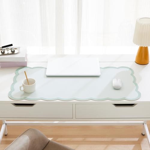 Scalloped Desk Mat, 31.5" x 15.7" Large Cute Aesthetic Desk Accessories, PU Leather Computer Laptop Desk Mouse Keyboard Pad, Desk Writing Mat for Vanity/Work/Home Decor (Sage, 31.5" x 15.7") - color: Sage, size: 31.5" x 15.7"