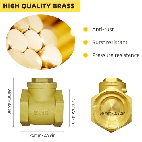 2" NPT Swing Brass Check Valve DN50, 2 NPT Female Thread Horizontal One Way Check Valve to Prevent Water Backflow for Sump Pump and Air Compressor - size: 2 Inch