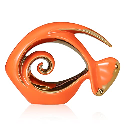 Orange Gold Ceramic Fish Figurines - Coastal Home Decor, Modern Ocean Centerpieces for Living Room, Dining Area, Bathroom, Office, Coffee Table, Beach House, Nautical, Seaside, Entrance, Shelf Display - color: Orange, size: Large