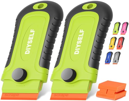 DIYSELF 2 Pcs Plastic Razor Blade Scraper with 10 Pcs Blades, Plastic Scraper Tool for Adhesive Remover, Scrapers for Cleaning Stickers, Decals, Glass, Windows, Car, No Scratches (Green) - color: Green-plastic Blades, size: 2 Pack