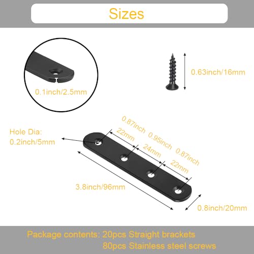 20Pcs Black Straight Brackets Heavy Duty Stainless Steel 4 Inch Straight Brace Flat Mending Plates, Repair Fixing Joining Brackets for Wood Furniture with Screws, CAM-S10020B-20 - size: Black 4" x 0.8"