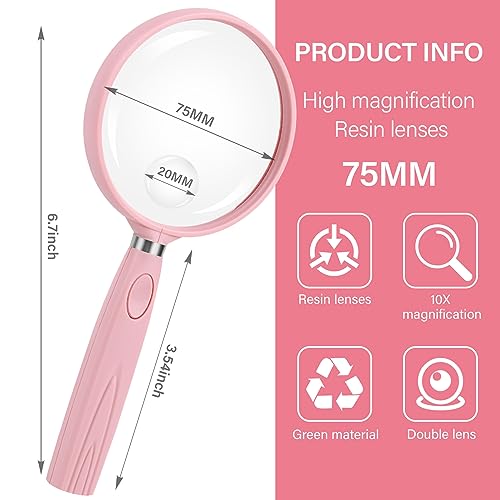 Feosky Handheld Reading Magnifier, 10X Magnifier, 75mm Shatterproof Lens, Non-Slip Handle for Adults Close Work, Seniors Reading and Nature Exploration, Hobby Observation(Pink) - color: Pink, size: 75mm