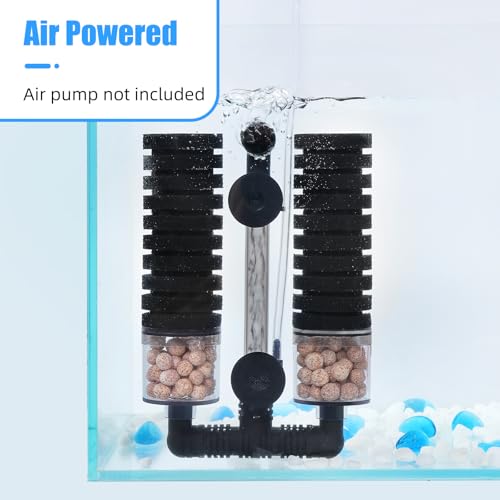 AQUANEAT Aquarium Air Powered Sponge Filter with Ceramic Media Balls, for Betta Fry Shrimp Fish Tank, with 2 Spare Sponges, up to 55Gal - size: Large