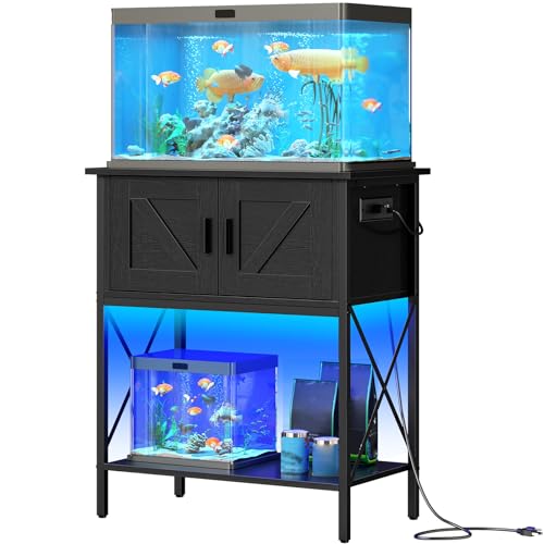 HOOBRO 20 Gallon Fish Tank Stand with Power Outlets and LED Light, Metal Frame Aquarium Stand, Reptile, Turtle Tank Stand with Cabinet Storage, 27.6'' L x 15.7'' W, 300 LBS Capacity, Black BB40UDFT01 - color: Black