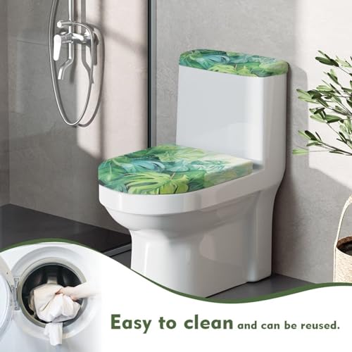 Toilet Tank Lid Cover Replacement with Elastic Bottom Easy to Clean Toilet Covers 2 Pcs Set Universal Fit Toilet Top Covers Bathroom Decoration, Green Monstera Leaf - color: Green Monstera Leaf