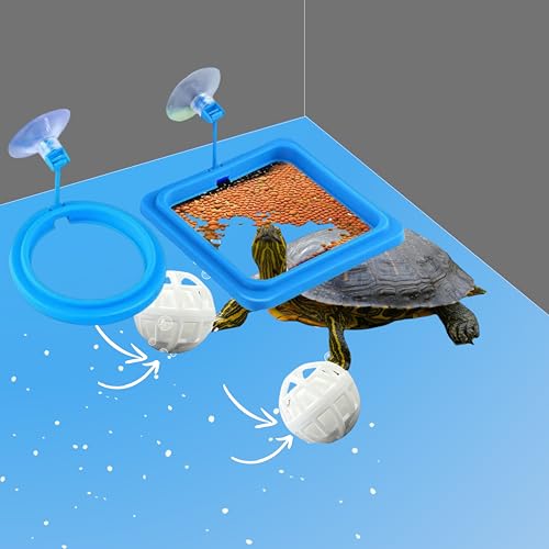 2 Packs Turtle Feeding Ring with Suction Cup and Nitrifying Balls Fish Food Holder Aquatic Toys for Turtles Tortoise Goldfish Guppy Koi Puffer Turtle Tank Accessories (Square & Circle)