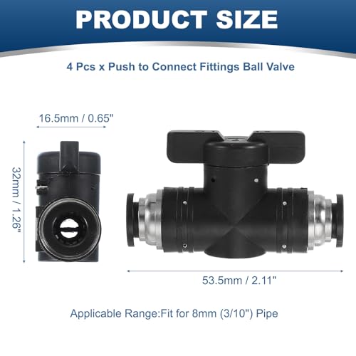 PATIKIL 8mm (3/10") Push to Connect Fittings Ball Valve, 4 Pcs 0-60 Degree BUC Air Flow Control Valve Quick Straight Connectors Air Hose Fitting for Pneumatic System Pipeline, Black - size: 8mm (3/10")