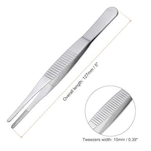 uxcell Stainless Steel Tweezers, 5-Inch Straight Blunt, Multipurpose, Silver, 4 Pcs