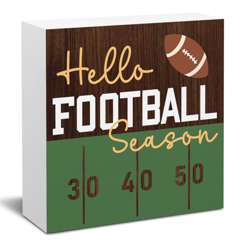 Football Sign Football Season Party Decor Hello Football Season Sign Sports Football Game Decor Rugby Player Gifts for Son Decorations for Home Office Desk 5 X 5 Inch - color: Hello Football Season