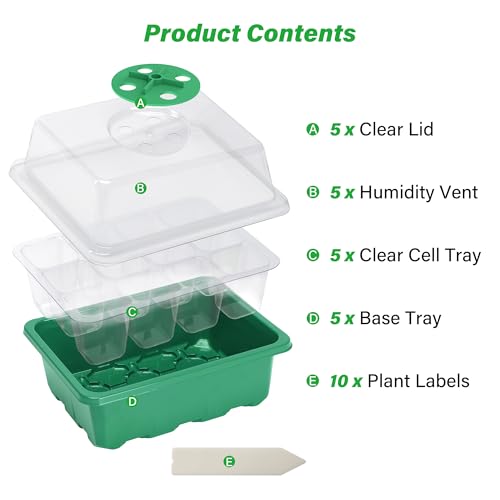Bonviee 5-Pack Seed Starter Trays, Seed Starter Kit with Adjustable Humidity Dome and Base Indoor Greenhouse Mini Propagator for Seeds Growing Starting (12 Cells Per Tray, Green) - color: Green, size: 5 Packs, NO light