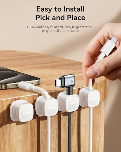 6-Pack Magnetic Cable Clips, Rocoren Smooth Adjustable Adhesive Cord Organizer, Desk Cable Management Wire Holder Keeper Cables Staples for Nightstand Home Office Desk Car Phone Wall Desktop - color: 6-White