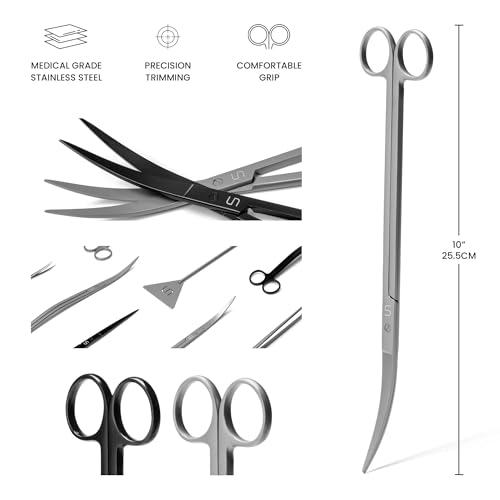 UNS Aquascaping Tools - Stainless Steel, Rust Resistant, Freshwater Planted Tank, Saltwater Reef Aquarium Maintenance Accessory - Trimming Stems & Carpets, Coral Cutting - Curved Scissors, Grey