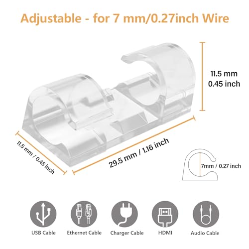 60 Pcs Clear Cable Clips with 3M Adhesive, Wire Holders Under Desk, Cord Management for Wall, Car, Ethernet, PC, Christmas Light Indoor/Outdoor - color: Clear