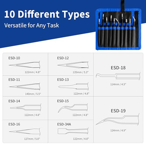 XOOL 10 PCS ESD Precision Tweezers Set, Anti-Static Stainless Steel Tweezers Kit for Electronics, Soldering, Craft, Jewelry, Model Building, Beauty - size: ESD Tweezers 10 PCS