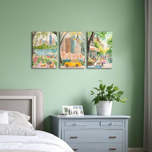 XLARTMY New York City Poster Travel Wall Art Canvas Framed Watercolor NYC Central Park Landmarks Artwork Decor Painting Prints Pictures Set of 3 for Bedroom Living Room Bathroom Office 16x24in - color: Watercolor City, size: 16x24in Canvas