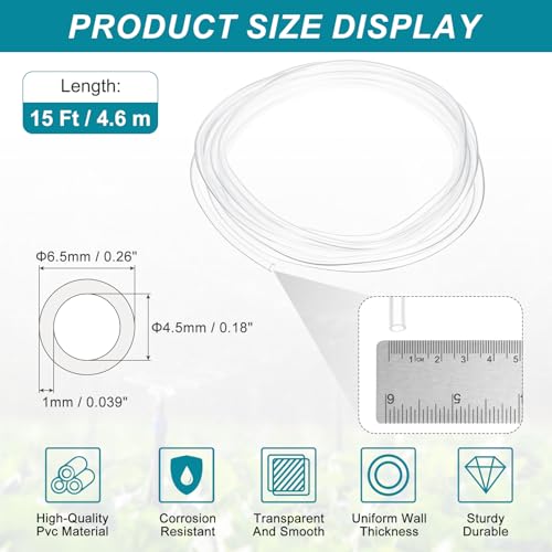 uxcell Clear PVC Tubing, 4.5mm ID x 6.5mm OD - 15ft PVC Tube Lightweight Vinyl Hose, Transparent Flexible Plastic Water Tubing for Air Oil Water Transfer Aquarium Irrigation - size: 4.5mm ID x 6.5mm OD