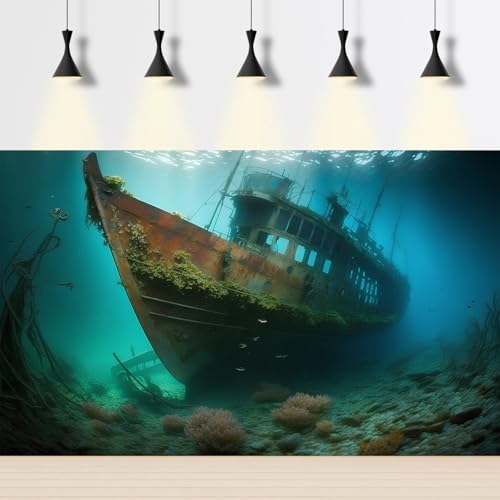 Underwater Shipwreck Aquarium Background Ocean Bottom Abandoned Ship Wreck Fish Tank Background Undersea Rusty Sunken Ship Terrarium Backgrounds Sunken Pirate Ship Reptile Tank Backgrounds 24x12in - color: Blue_Green, size: 24(W)x12(H)in