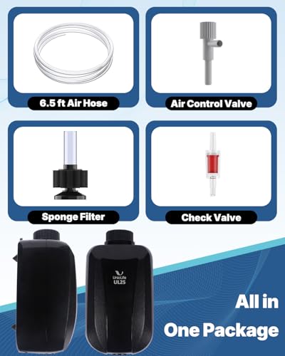 Uniclife Aquarium Air Pump, Adjustable Quiet Oxygen Pump for Fish Tanks, Airline Tubing & Accessories - size: For 5-30 Gallon Tank