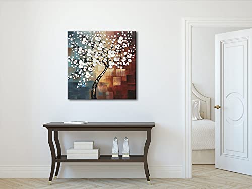 Wieco Art Large Modern Abstract White Flowers Oil Paintings on Canvas Wall Art Morning Glory 100% Hand Painted Floral Gallery Wrapped Artwork for Living Room Bedroom Home Office Decor - size: 32"L x 32"W