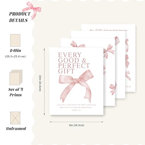 LARTSFRO Coquette Pink Bow Wall Art Decor Posters, Blush Pink Bow Room Bedroom Bathroom Dorm Wall Art Decor Aesthetic for College Teen Girls Gifts, Inspirational Bible Verses Bow Wall Decor, 10x8 Inch Set of 4 Pcs Bow Pictures (UNFRAMED) - color: blush pi