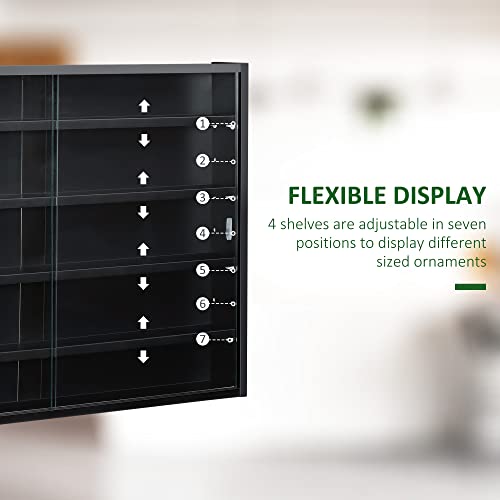 HOMCOM 5-Tier Display Cabinet, Glass Door Cabinet with Adjustable Shelves, Wall-Mounted Display Case for Playroom, Bedroom, Black - color: Black