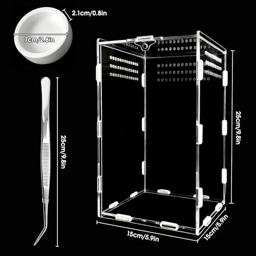 Jumping Spider Enclosure, Acrylic Terrarium with Magnetic Door & All-Side Ventilation, Easy-Clean Habitat for Spider, Tarantula, Mantis, Snail-5.9" x 5.9" x 9.8"(Tweezer and Bowl Included) - size: Basic Vertical-Kit