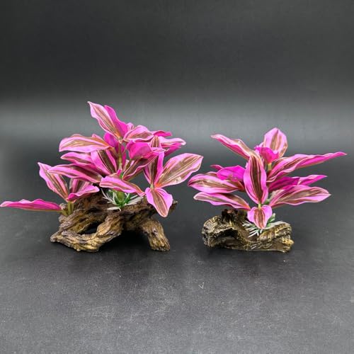 Fish Tank Decorations Aquarium Decor Ornaments Betta Pink Leaf pad Hammock Artificial Driftwood Goldfish Bowl Accessories (Hot Pink Set)