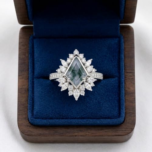 Natural Moss Agate Engagement Ring Set for Women, Unique Genuine Moss Agate Ring, 925 Sterling Silver 10K 14K 18K Solid Gold Nature Inspired Bridal Set, Boho Wedding Jewelry Gift - color: Seven